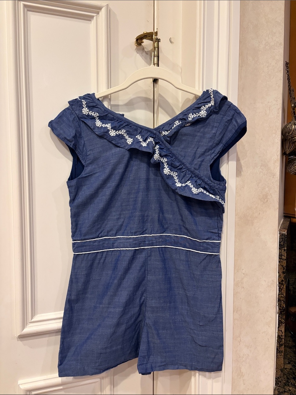 Janie and Jack Blue Chambray Romper with White Embroidered Trim